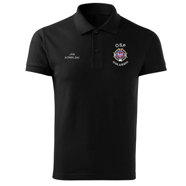 Koszulka strażacka POLO z haftowanym napisem STRAŻ na plecach i logo OSP na piersi, opcje dodatkowej indwidualizacji. Napis straż w szarym kolorze.