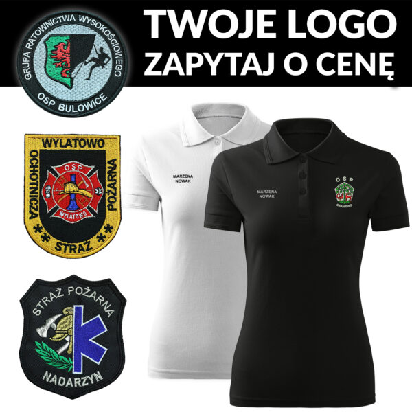 Damska koszulka polo biała czarna straż indywidualne logo