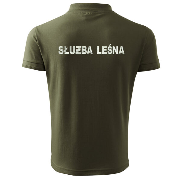 Koszulka dla straży Leśnej z haftowanymi napisami na plecach i na piersi.