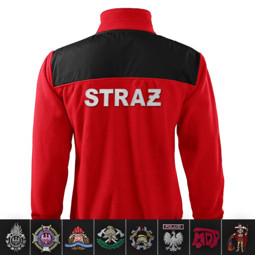 Czerwony polar strażacki z haftowanym napisem na plecach i haftowanym logo na piersi do wyboru kilka wzorów dla Ochotniczej i Państwowej Straży Pożarnej