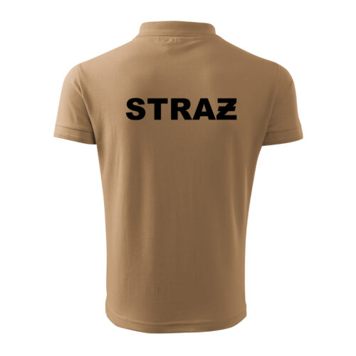 Strażacka koszulka POLO w kolorze piaskowym (beżowy) z haftowanym logo na piersi i napisem straż na plecach. W opcji indywidualne napisy na koszulce.