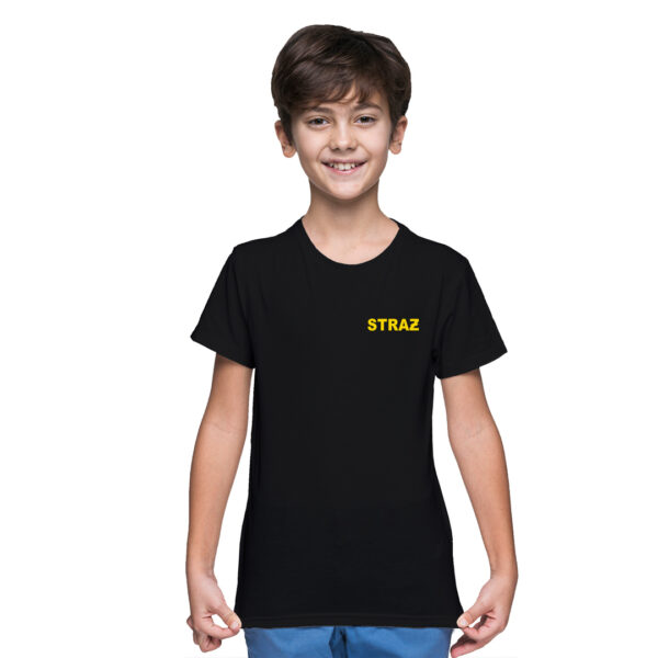 Czarna dziecięca koszulka STRAŻ - żółte napisy OSP PSP, DTG